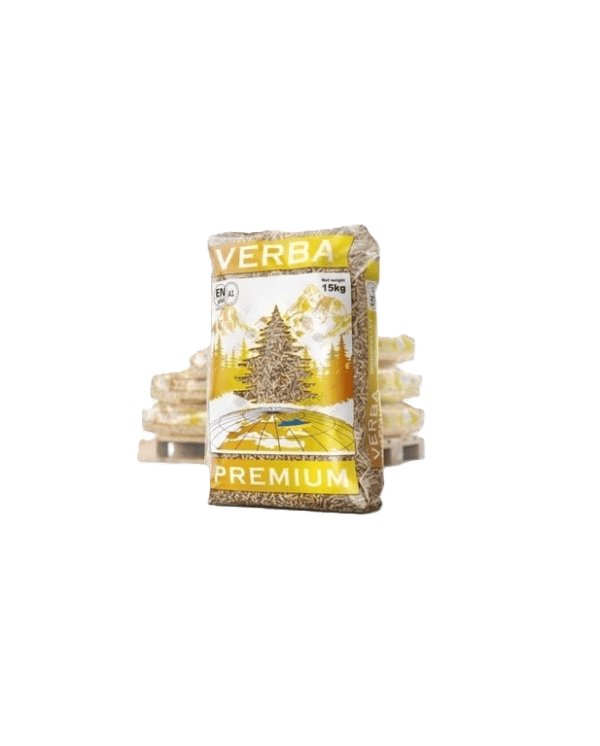 Hier ziet u een verpakking Verba Premium 975kg ENplusA1 houtpellets met een boom- en bergontwerp. Het gewicht is prominent weergegeven tussen klassieke stijlverpakkingen zoals die van Verba Premium yerba mate.